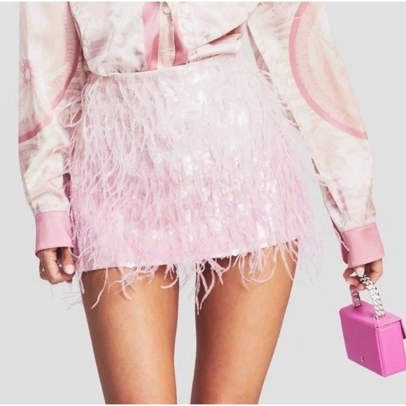 Retrofete Athena Feather Sequin Pink Mini Skirt XL New NWT Festival Party Y2K - Picture 2 of 13